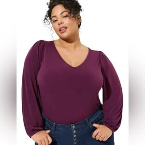 Torrid Winter Bloom Purple Studio Knit V-Neck Puff Long Sleeve Top Size 00